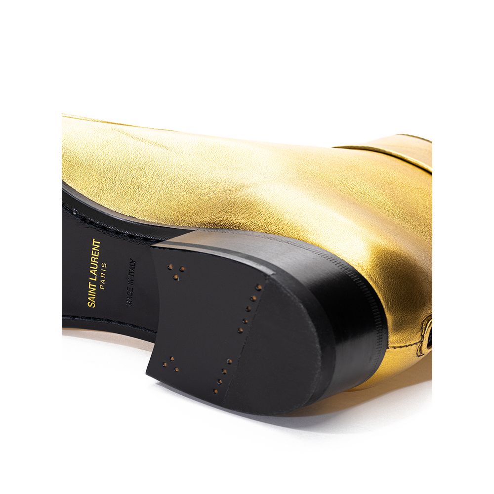 Gold Leather Ankle Boots with Buckle Strap by Saint Laurent