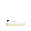 White Cotton Low Top SneakersWhite Canvas Slip-On Saint Laurent. Venice slip-on in cotton canvas, tone-on-tone rubber sole, round toe, black leather back tab with logo. Printed logo on the back. Sole height: 3 cm. Composition: 100% Cotton, leather interio