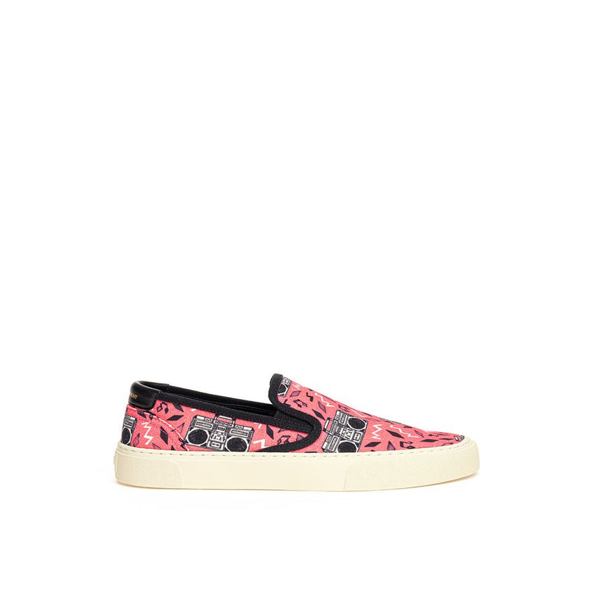 Pink Cotton Platform SneakersPink Canvas Slip-On with Radio Print Saint Laurent. Venice slip-on in pink cotton canvas with allover print, white rubber sole, round toe, black leather back tab with logo. Printed logo on the back of the sole. Sole height: 3