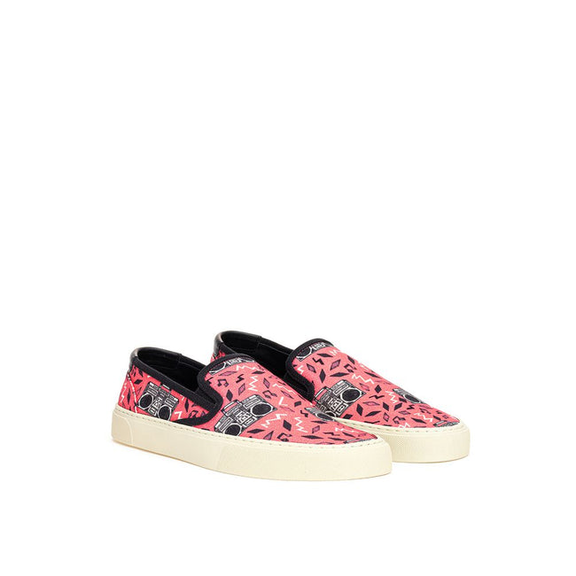 Pink Cotton Platform SneakersPink Canvas Slip-On with Radio Print Saint Laurent. Venice slip-on in pink cotton canvas with allover print, white rubber sole, round toe, black leather back tab with logo. Printed logo on the back of the sole. Sole height: 3