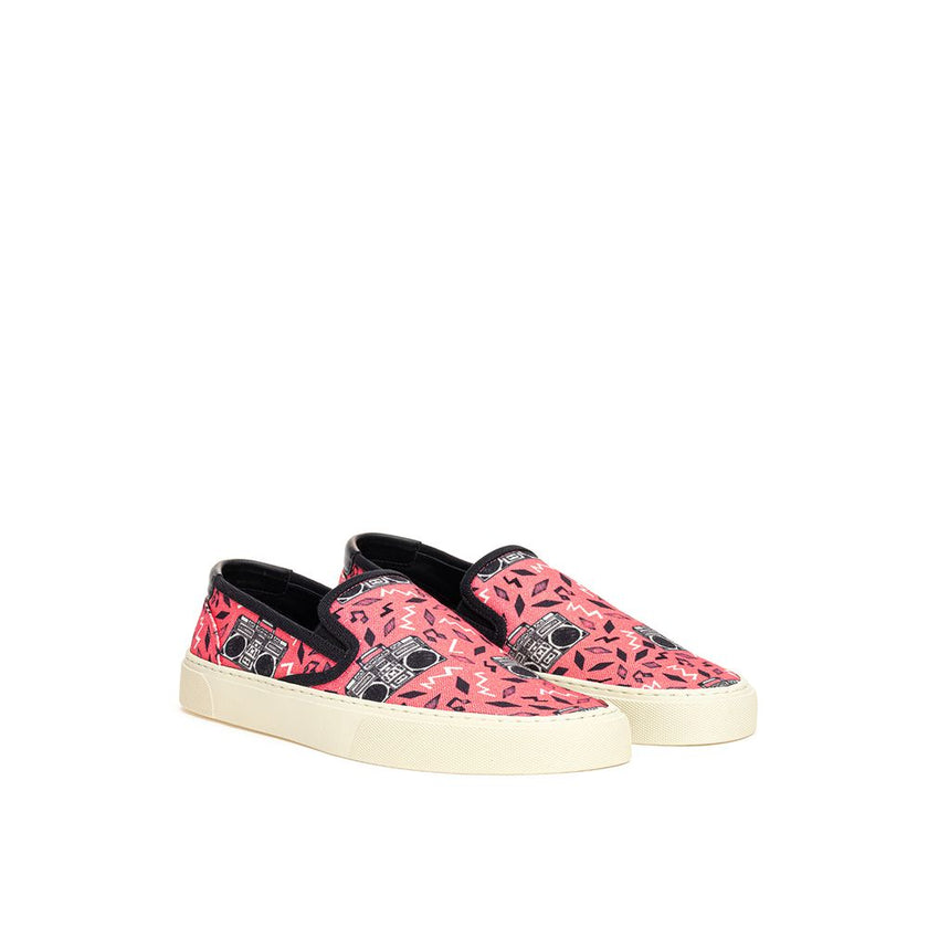 Pink Cotton Platform SneakersPink Canvas Slip-On with Radio Print Saint Laurent. Venice slip-on in pink cotton canvas with allover print, white rubber sole, round toe, black leather back tab with logo. Printed logo on the back of the sole. Sole height: 3