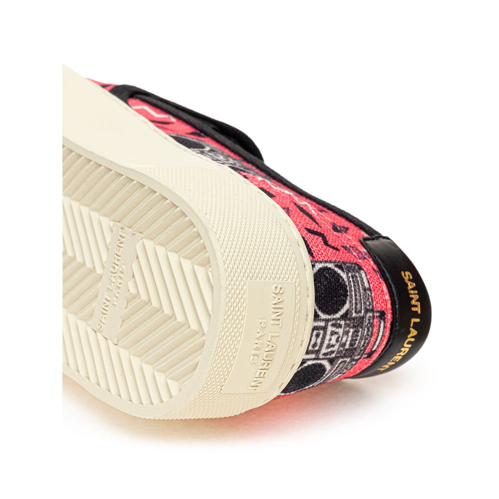 Pink Cotton Platform SneakersPink Canvas Slip-On with Radio Print Saint Laurent. Venice slip-on in pink cotton canvas with allover print, white rubber sole, round toe, black leather back tab with logo. Printed logo on the back of the sole. Sole height: 3