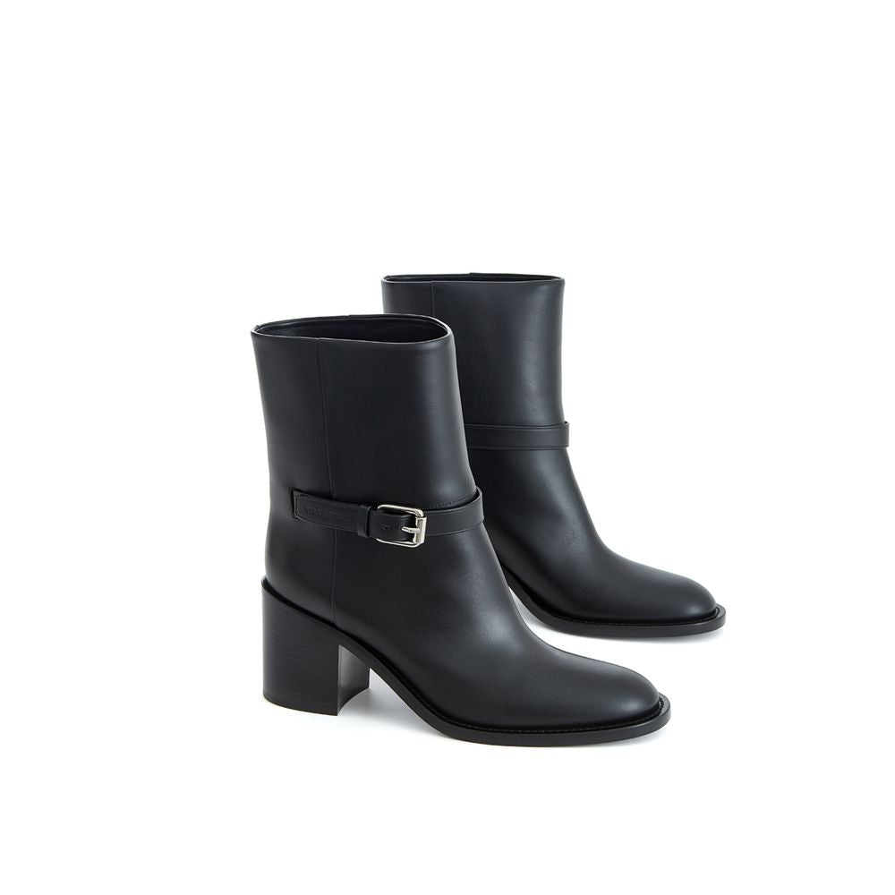 Black Leather Ankle Boots with Buckle Strap