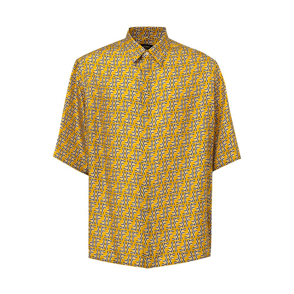 Yellow Silk Short Sleeve Shirt with Fendi Labyrinth Print