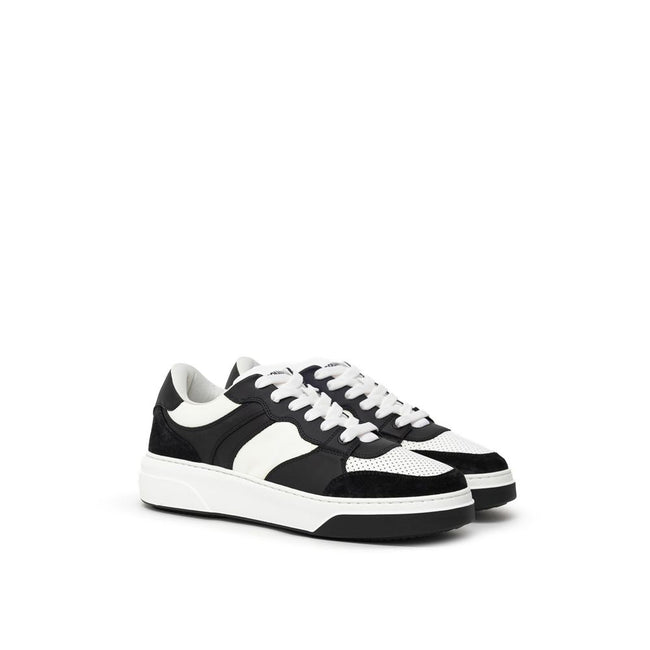 Black And White Leather Athletic SneakersDsquared2 Leather Bumper Sneakers. Front fastening with white laces, in white and black leather with black suede inserts on the front and back. Contrasting maple logo printed on the back, high white rubber sole and