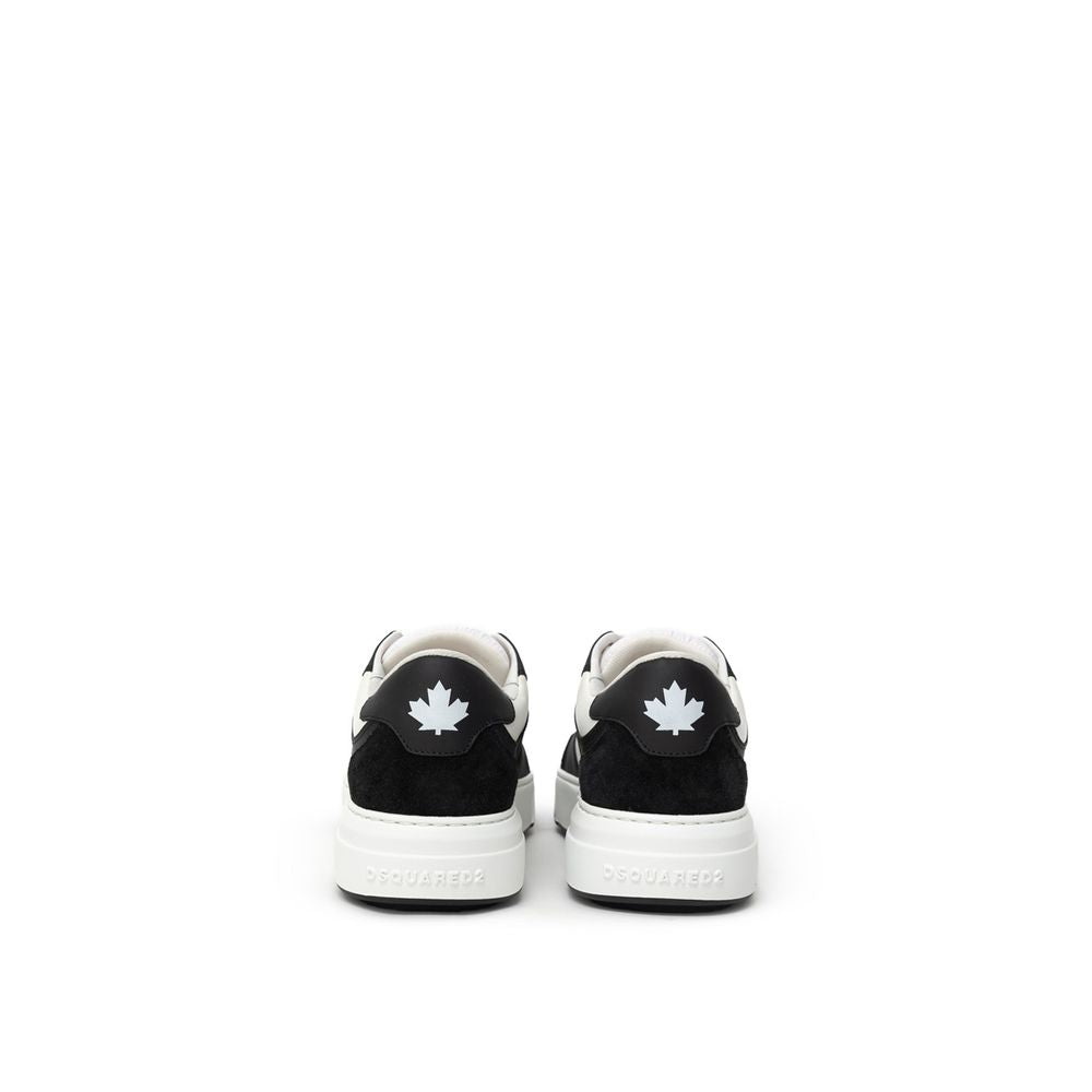 Black And White Leather Athletic SneakersDsquared2 Leather Bumper Sneakers. Front fastening with white laces, in white and black leather with black suede inserts on the front and back. Contrasting maple logo printed on the back, high white rubber sole and