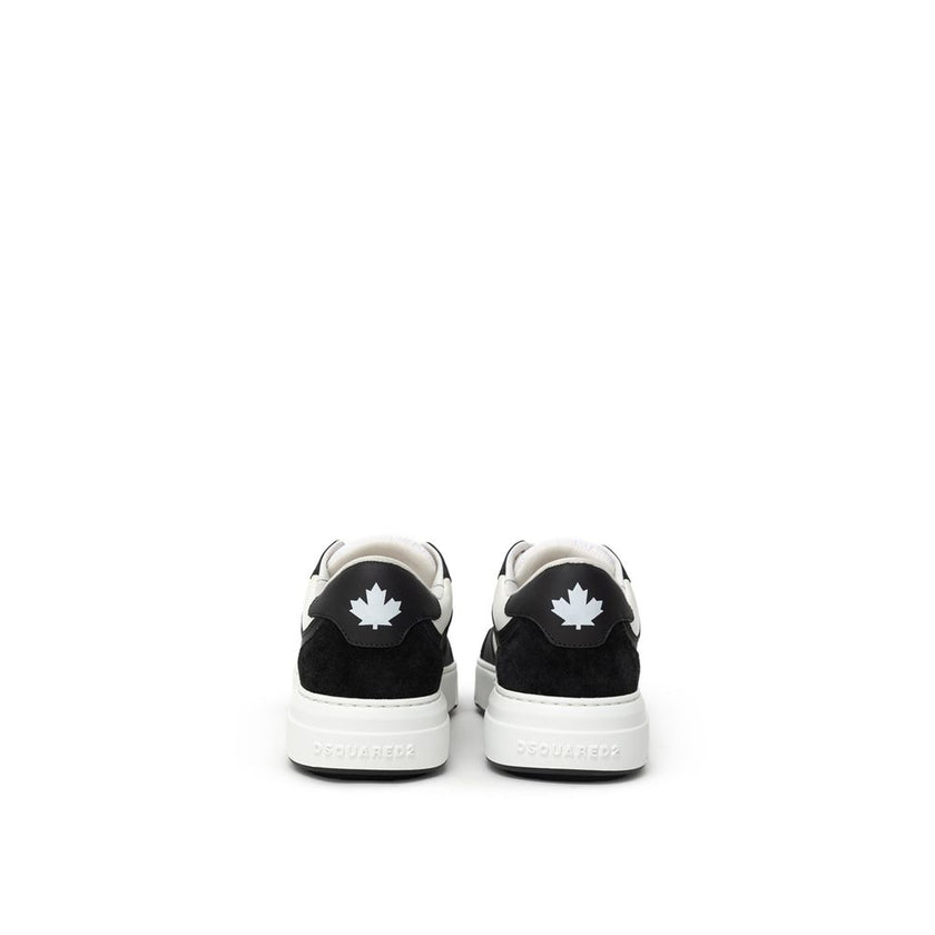 Black And White Leather Athletic SneakersDsquared2 Leather Bumper Sneakers. Front fastening with white laces, in white and black leather with black suede inserts on the front and back. Contrasting maple logo printed on the back, high white rubber sole and