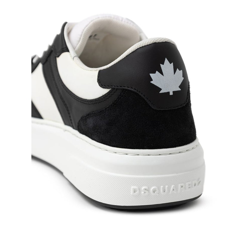 Black And White Leather Athletic SneakersDsquared2 Leather Bumper Sneakers. Front fastening with white laces, in white and black leather with black suede inserts on the front and back. Contrasting maple logo printed on the back, high white rubber sole and