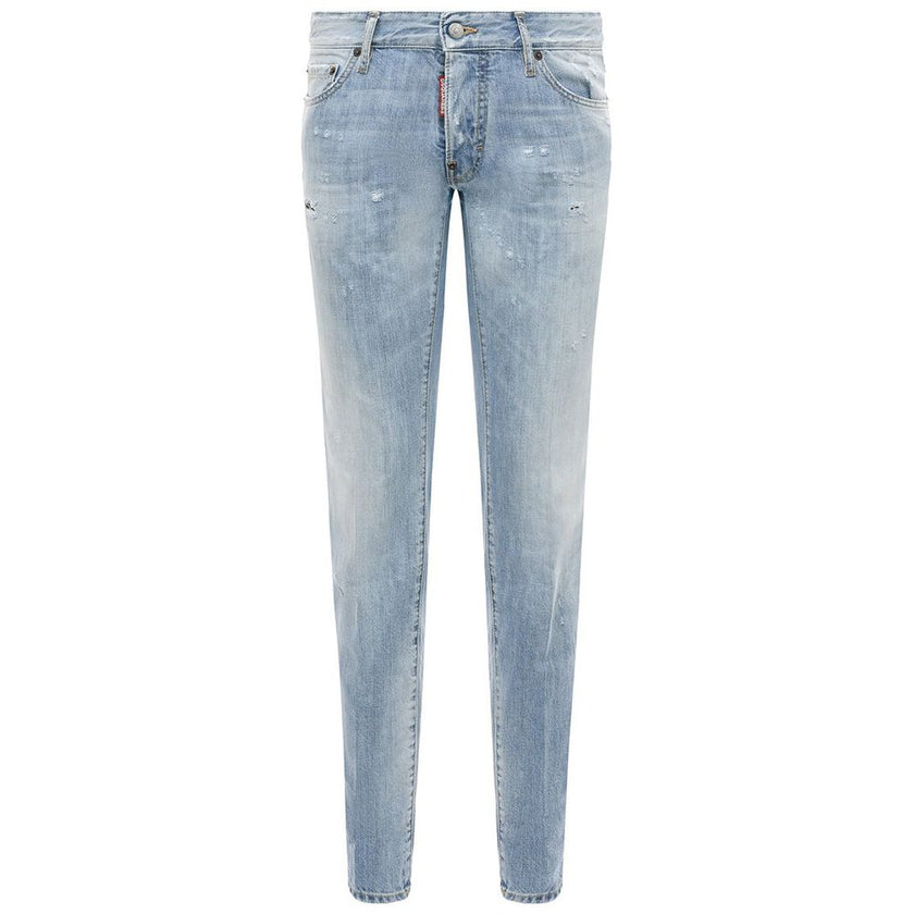 Blue Cotton Men JeansElevate your denim game with the edgy sophistication of Dsquared²’s light wash slim-fit jeans. Crafted with precision in Italy, these jeans feature an artful display of rips and distressed detailing for an effortlessly cool, worn-in l