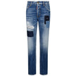Blue Cotton Men's Slim-Fit JeanElevate your denim game with Dsquared²’s expertly crafted slim fit jeans. These striking blue cotton jeans boast a unique edge with bold dark denim patches, artful tears, and dynamic paint splash details. Designed for those