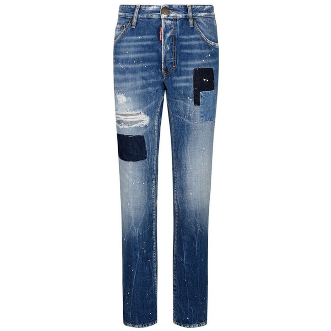 Blue Cotton Men's Slim-Fit JeanElevate your denim game with Dsquared²’s expertly crafted slim fit jeans. These striking blue cotton jeans boast a unique edge with bold dark denim patches, artful tears, and dynamic paint splash details. Designed for those