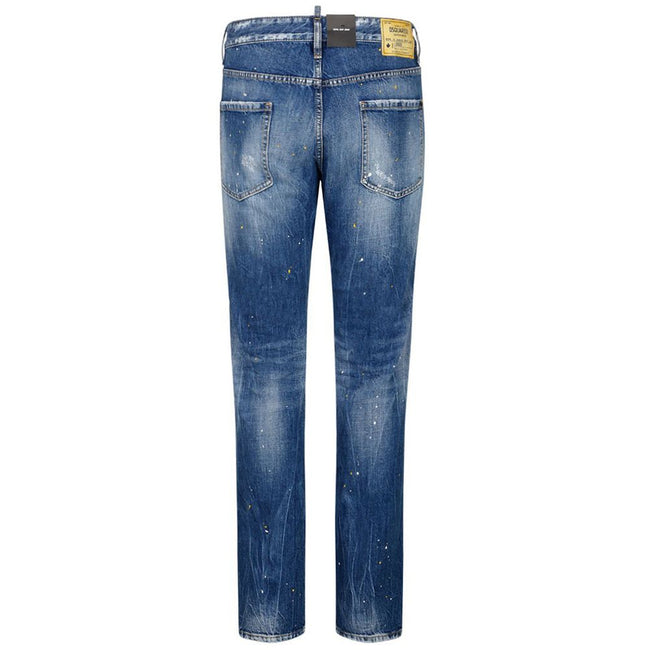 Blue Cotton Men's Slim-Fit JeanElevate your denim game with Dsquared²’s expertly crafted slim fit jeans. These striking blue cotton jeans boast a unique edge with bold dark denim patches, artful tears, and dynamic paint splash details. Designed for those