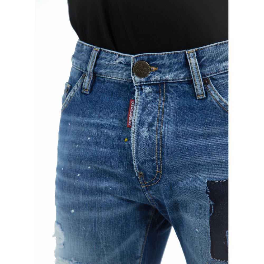 Blue Cotton Men's Slim-Fit JeanElevate your denim game with Dsquared²’s expertly crafted slim fit jeans. These striking blue cotton jeans boast a unique edge with bold dark denim patches, artful tears, and dynamic paint splash details. Designed for those