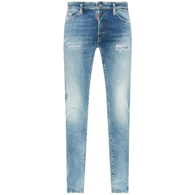 Blue Cotton Men's Slim Fit JeanElevate your denim game with Dsquared²’s impeccably tailored slim-fit jeans. Exuding a rebellious charm with artful tears and a weathered light blue wash, these jeans promise to be the centerpiece of any outfit. Accented wit