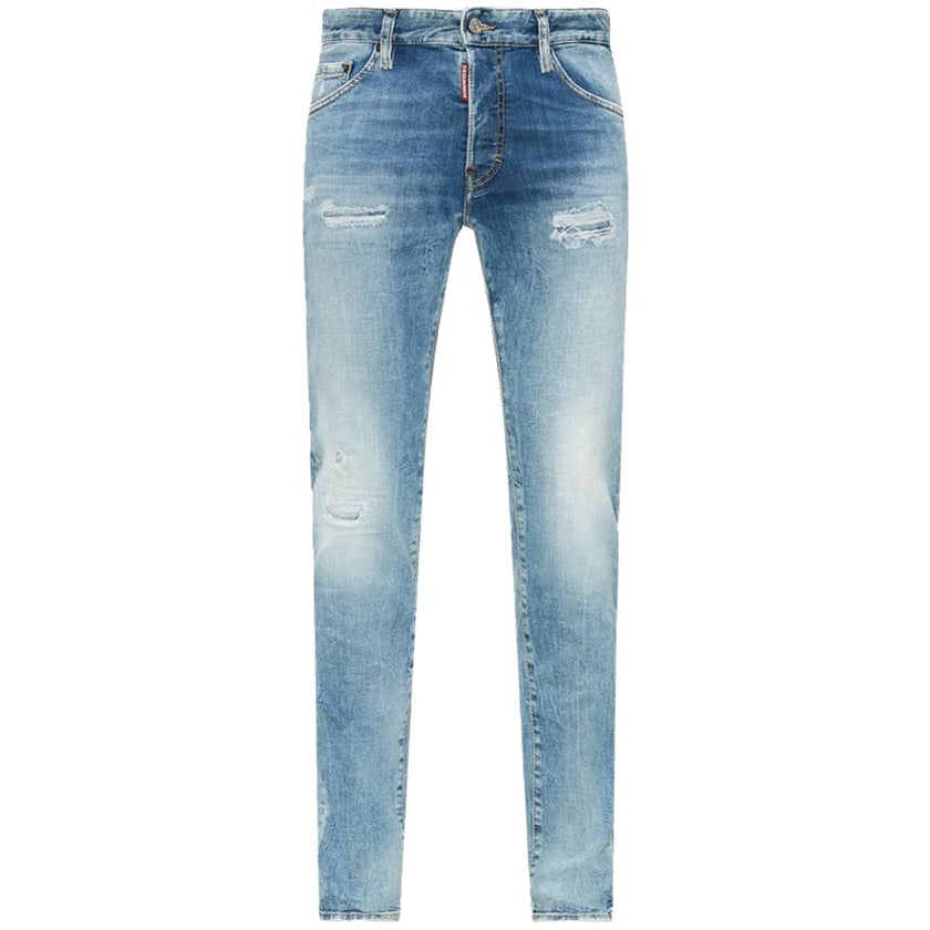 Blue Cotton Men's Slim Fit JeanElevate your denim game with Dsquared²’s impeccably tailored slim-fit jeans. Exuding a rebellious charm with artful tears and a weathered light blue wash, these jeans promise to be the centerpiece of any outfit. Accented wit