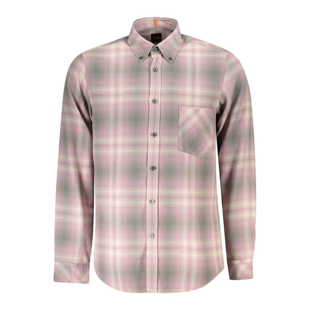Pink Cotton Men ShirtStep into a realm of sophistication with this Hugo Boss long-sleeved shirt. Designed for the modern gentleman, it boasts a regular fit that’s perfectly tailored to convey effortless style. Meticulously crafted with 100% cotton, it fea
