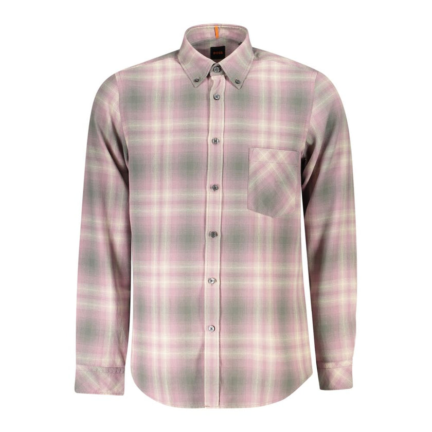 Pink Cotton Men ShirtStep into a realm of sophistication with this Hugo Boss long-sleeved shirt. Designed for the modern gentleman, it boasts a regular fit that’s perfectly tailored to convey effortless style. Meticulously crafted with 100% cotton, it fea