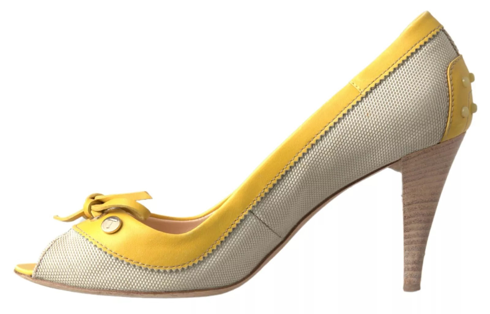 Yellow Off-White Leather Peep Toe Heels Pumps