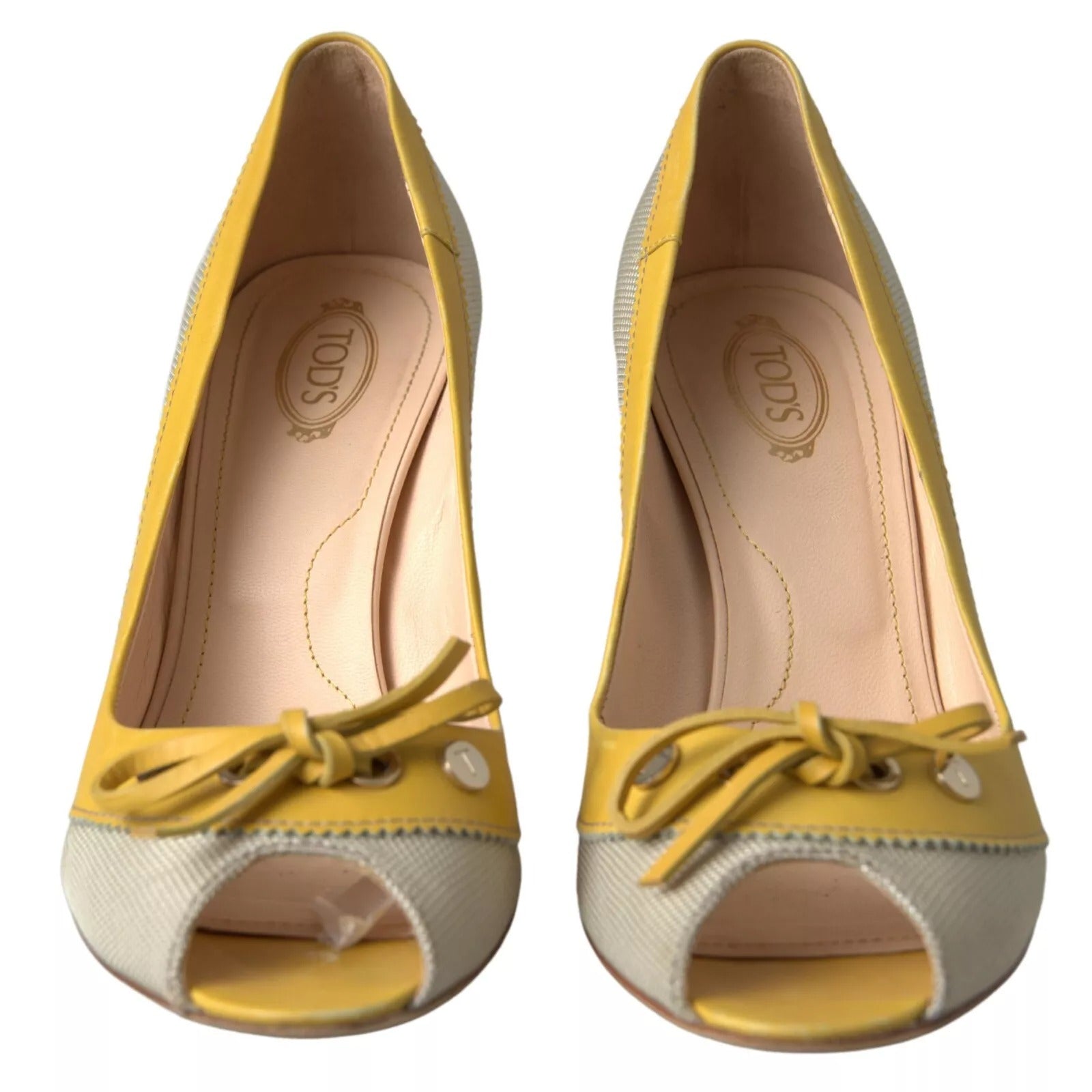 Yellow Off-White Leather Peep Toe Heels Pumps