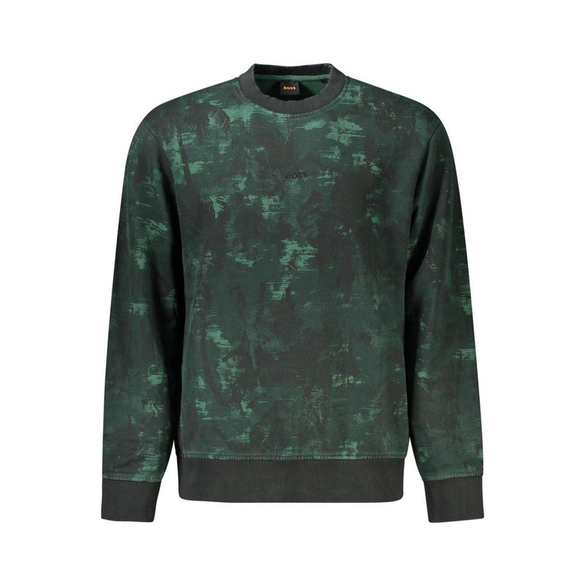 Green Cotton Men SweaterIndulge in the epitome of contemporary style with this Hugo Boss long sleeve sweatshirt. Crafted with meticulous detail, it features an eye-catching embroidery that makes a bold statement against its green backdrop. The contrasting