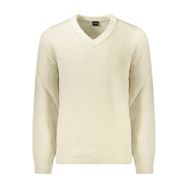 Beige Wool Men SweaterSet the tone of your day with the unmistakable sophistication of Hugo Boss. This long sleeve sweater features a classic V-neck cut, elegantly highlighted by contrasting details that pronounce a modern edge. The iconic Hugo Boss logo