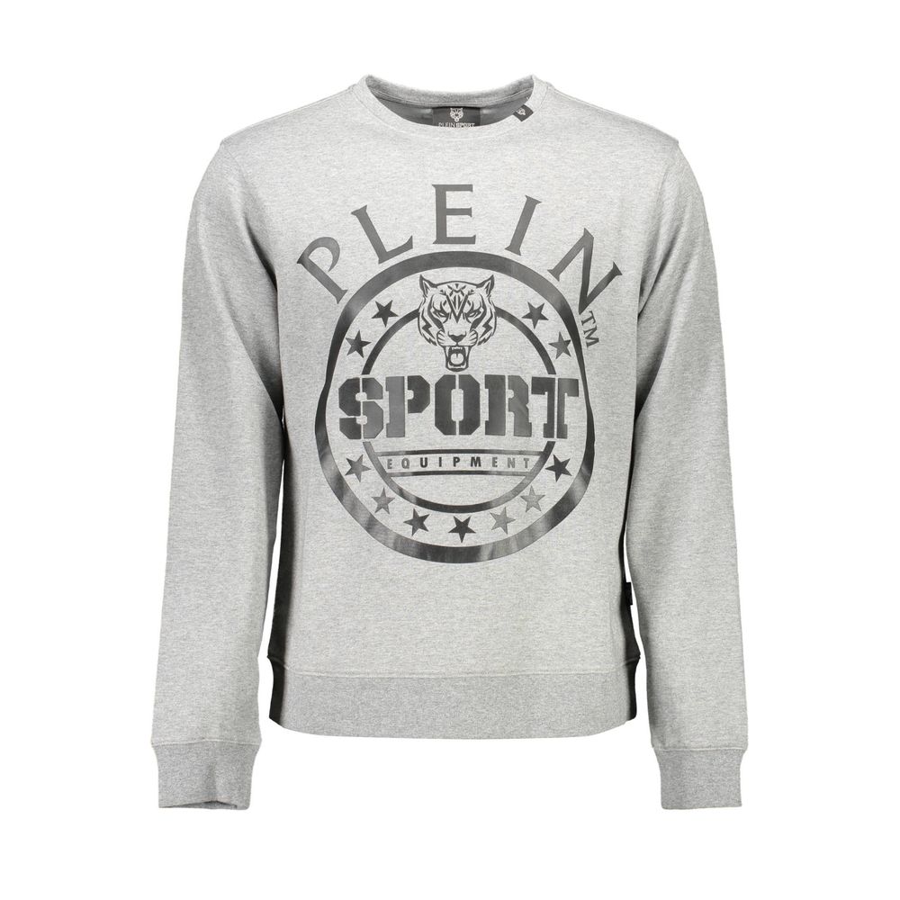 Gray Cotton Mens SweaterElevate your sport-luxe collection with the unmistakable edge of Plein Sport. This gray sweatshirt boasts long sleeves and a classic round neck, exuding casual sophistication. Accented with the brand’s bold print and iconic logo, i