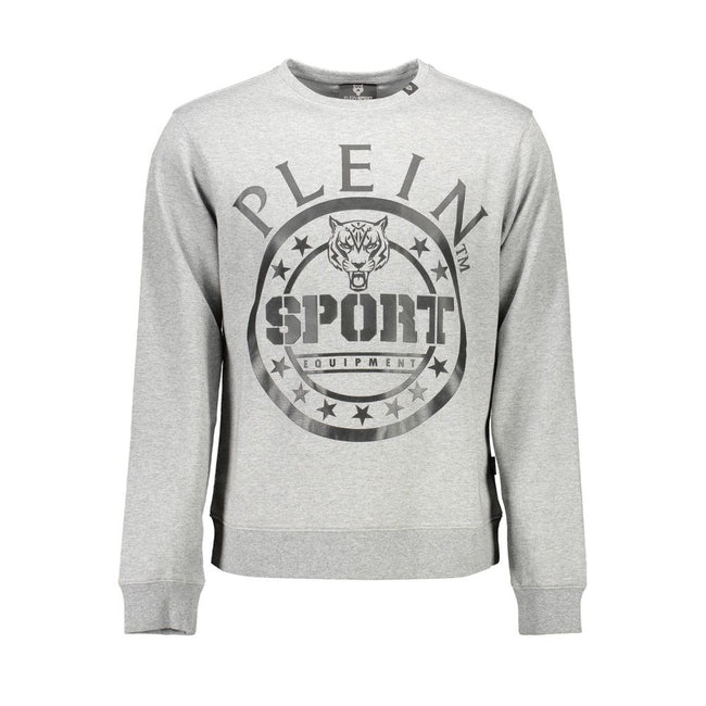 Gray Cotton Mens SweaterElevate your sport-luxe collection with the unmistakable edge of Plein Sport. This gray sweatshirt boasts long sleeves and a classic round neck, exuding casual sophistication. Accented with the brand’s bold print and iconic logo, i
