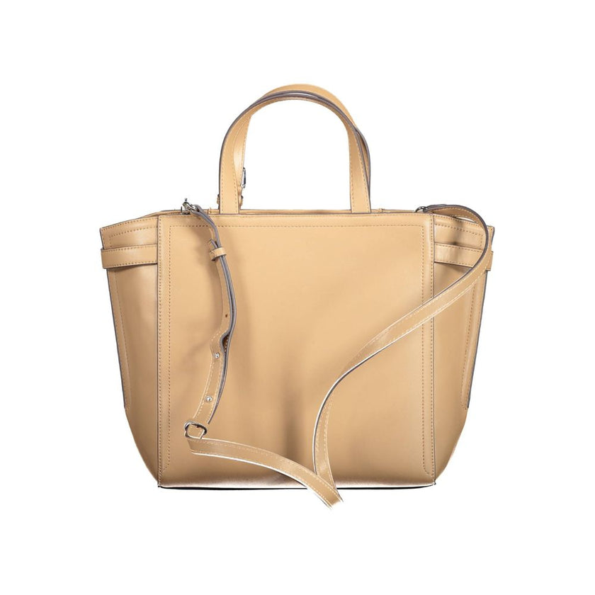 Brown Polyester Women HandbagElevate your accessory collection with the chic sophistication of this Calvin Klein handbag. Flaunting a sleek brown hue, it’s crafted for the conscious consumer from 51% polyester and 49% polyethylene, making a clear statemen