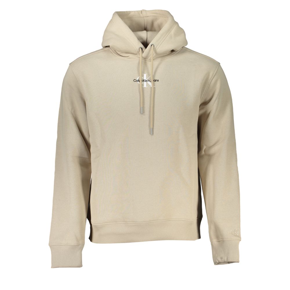 Beige Cotton Men SweaterStep into eco-conscious luxury with the Calvin Klein long-sleeved sweatshirt. Meticulously crafted for the modern trendsetter, this beige hooded wonder boasts plush fleece fabric enriched with 20% recycled cotton. Adorned with soph