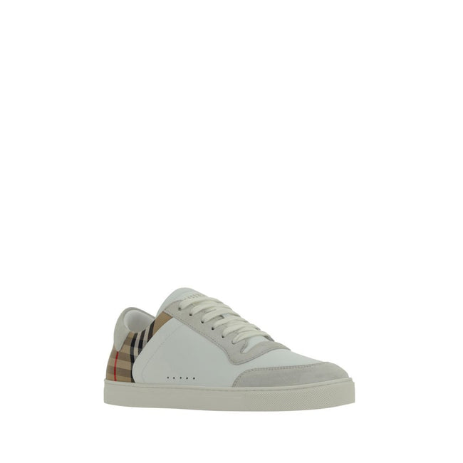 White Rubber Low Top SneakersCalfskin Stevie Sneakers by Burberry, featuring a panelled design, a lace-up fastening, a round toe, suede detailing, and the brand’s iconic Check Archive pattern on the back. Season: AW25 Composition: SOLE 100% Rubber UPPER 7