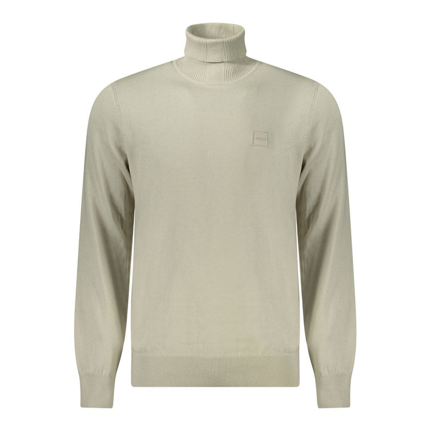 Beige Cotton Men SweaterElevate your wardrobe with this sumptuously soft Hugo Boss turtleneck sweater, a perfect blend of comfort and high-end style. Crafted for the modern man, the sleek beige hue complements its sophisticated design, featuring subtle ye