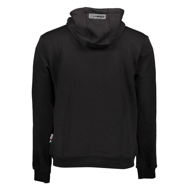 Black Cotton Men's SweaterElevate your urban sportswear ensemble with the edgy aesthetics of a Plein Sport hooded sweatshirt. This black, long-sleeved marvel dons contrasting details that capture the gaze, while the unmistakable Plein Sport logo makes a d
