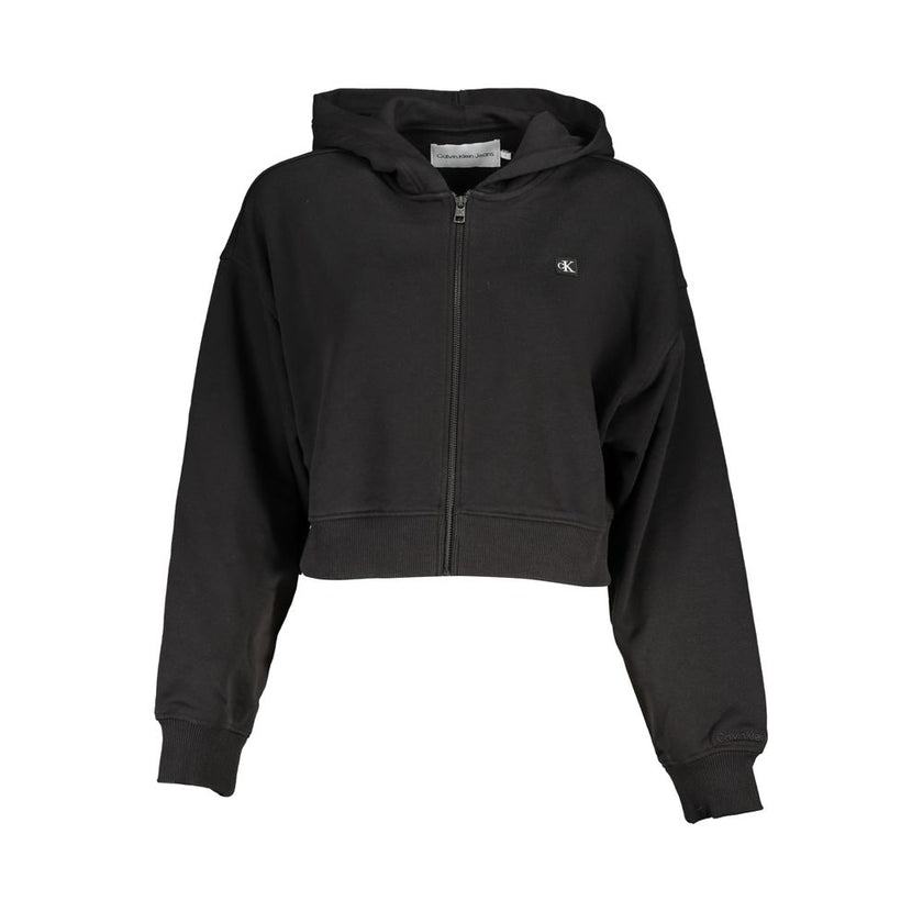 Black Cotton Women SweaterEmbrace the iconic style of Calvin Klein with this sleek black hooded sweatshirt. Crafted with an eye for sustainability, featuring 20% recycled cotton, it’s a fashion statement you can feel good about. The classic Calvin Klein l