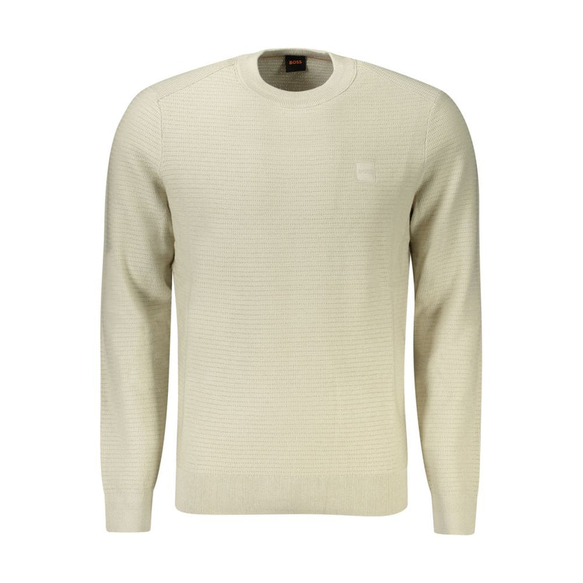 Beige Cotton Men SweaterElevate your wardrobe with the Hugo Boss sweater, a piece synonymous with effortless sophistication. This crew neck sweater, crafted with a luxurious blend of 95% cotton and 5% cashmere, ensures both comfort and style. Its long sle