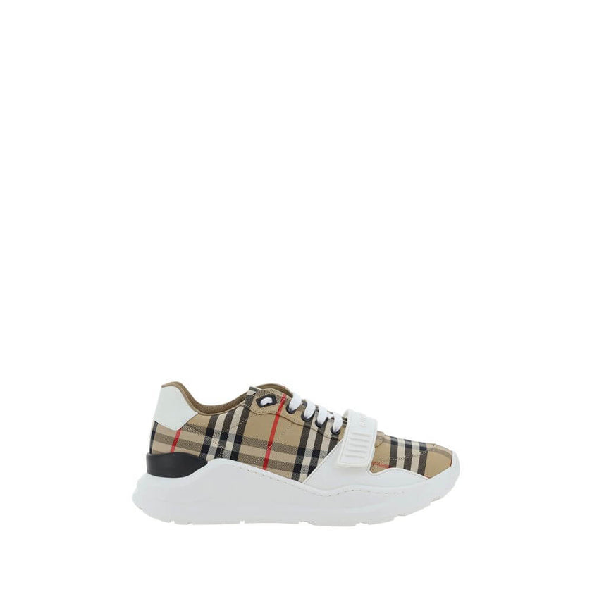 Beige Rubber SneakersNew Regis Sneakers by Burberry, slightly elongated toe, lace-up front closure, Velcro strap detail on front, iconic all-over repeated Check Archive brand pattern, contrasting brand signature on back. Season: AW25 Composition: SOLE 100