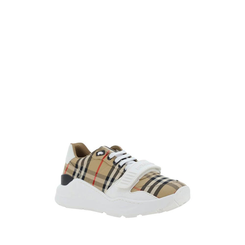 Beige Rubber SneakersNew Regis Sneakers by Burberry, slightly elongated toe, lace-up front closure, Velcro strap detail on front, iconic all-over repeated Check Archive brand pattern, contrasting brand signature on back. Season: AW25 Composition: SOLE 100