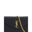 Black Calf Leather Bos Taurus Shoulder BagThe Monogram leather Shoulder Bag by Saint Laurent features a front snap-button closure for convenience and security. The leather design is enhanced by the matelassé print, which adds a sleek and sophisticated tex