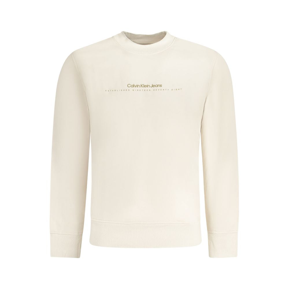 Beige Cotton Men SweaterElevate your casual repertoire with the unmistakably sleek Calvin Klein Long Sleeve Sweatshirt. A seamless blend of comfort and style, this crew neck pullover stands out with its striking logo print, asserting a bold presence in an