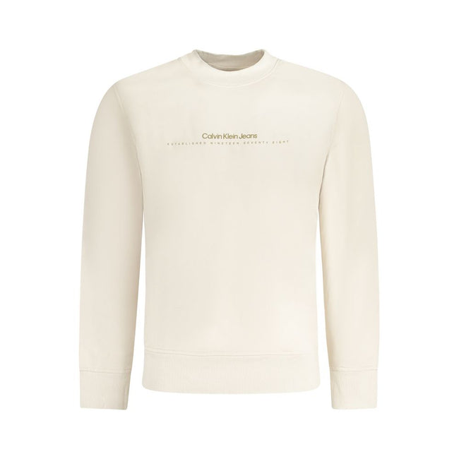 Beige Cotton Men SweaterElevate your casual repertoire with the unmistakably sleek Calvin Klein Long Sleeve Sweatshirt. A seamless blend of comfort and style, this crew neck pullover stands out with its striking logo print, asserting a bold presence in an
