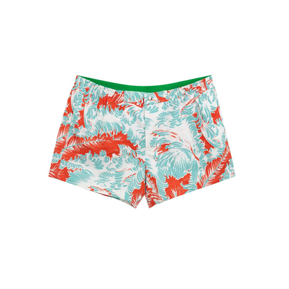 White Polyamide Swim ShortsBottega Veneta Red/Light Blue Feather Print Swim Boxer. Elastic waist, metal snap button and zip closure, allover multicolor print, two side welt pockets, internal mesh. Composition: 100% Polyamide Internal SKU: 25MAR102 Brand S