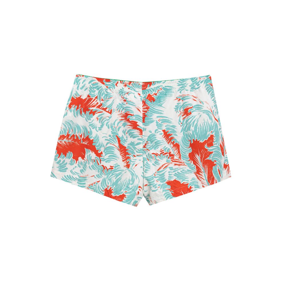 White Polyamide Swim ShortsBottega Veneta Red/Light Blue Feather Print Swim Boxer. Elastic waist, metal snap button and zip closure, allover multicolor print, two side welt pockets, internal mesh. Composition: 100% Polyamide Internal SKU: 25MAR102 Brand S