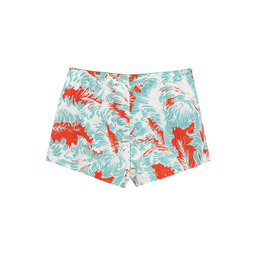 White Polyamide Swim ShortsBottega Veneta Red/Light Blue Feather Print Swim Boxer. Elastic waist, metal snap button and zip closure, allover multicolor print, two side welt pockets, internal mesh. Composition: 100% Polyamide Internal SKU: 25MAR102 Brand S