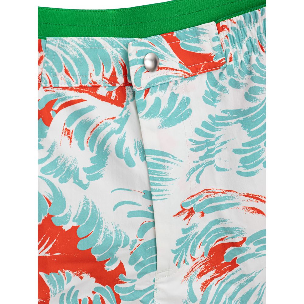 White Polyamide Swim ShortsBottega Veneta Red/Light Blue Feather Print Swim Boxer. Elastic waist, metal snap button and zip closure, allover multicolor print, two side welt pockets, internal mesh. Composition: 100% Polyamide Internal SKU: 25MAR102 Brand S