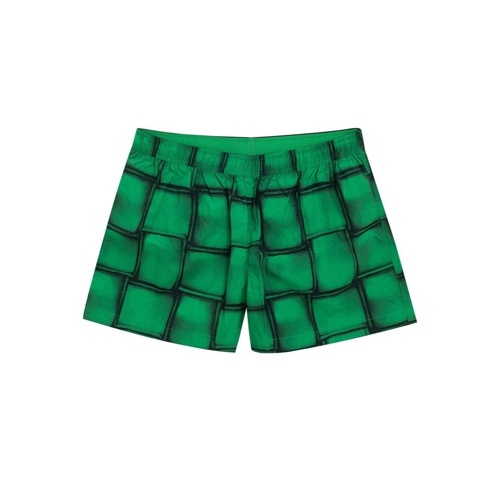 Green Polyamide Swim ShortsBoxer Swimsuit with Cassette Print Bottega Veneta. Green nylon boxer swimsuit with iconic Cassette print allover, elastic waist with adjustable drawstring, two side pockets, internal mesh. Composition: 100% Polyamide Internal SK