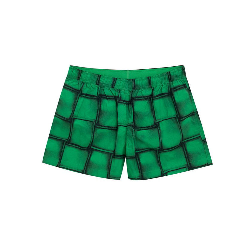 Green Polyamide Swim ShortsBoxer Swimsuit with Cassette Print Bottega Veneta. Green nylon boxer swimsuit with iconic Cassette print allover, elastic waist with adjustable drawstring, two side pockets, internal mesh. Composition: 100% Polyamide Internal SK