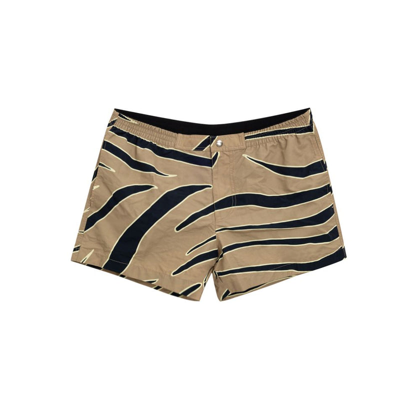 Beige Polyamide Swim ShortsBottega Veneta Animal Print Swim Boxer. Beige/navy blue nylon boxer shorts, elastic waist, snap button and covered zip closure, two side pockets, internal mesh. Composition: 100% Polyamide Internal SKU: 25MAR104 Brand SKU: 72918