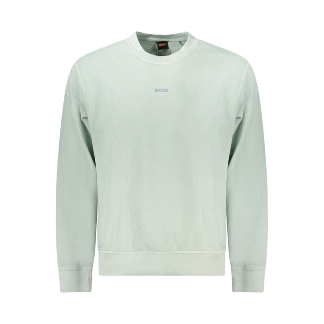 Green Cotton Men SweaterElevate your casual wear with the signature charm of Hugo Boss. This green, crew neck sweatshirt blends comfort and style effortlessly, featuring a brushed texture that adds a tactile dimension to the classic design. Accented with