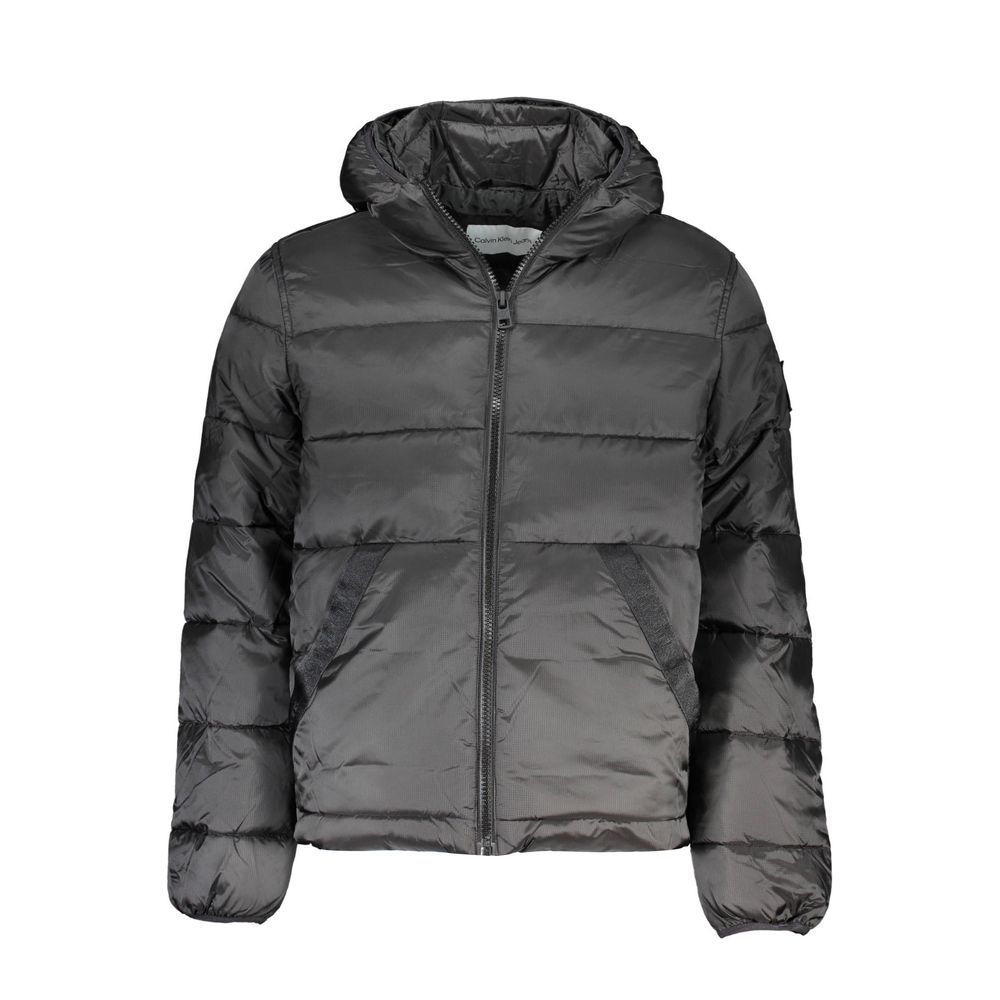 Black Polyester Men JacketIndulge in the epitome of modern style with the Calvin Klein jacket, a true testament to eco-conscious fashion with its 100% recycled polyester build. Perfect for those crisp, cool days, its long sleeves and protective hood make