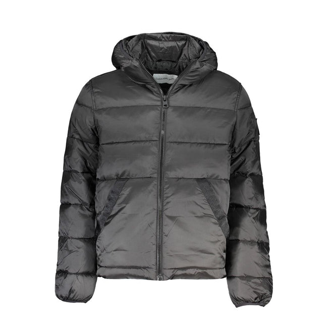 Black Polyester Men JacketIndulge in the epitome of modern style with the Calvin Klein jacket, a true testament to eco-conscious fashion with its 100% recycled polyester build. Perfect for those crisp, cool days, its long sleeves and protective hood make
