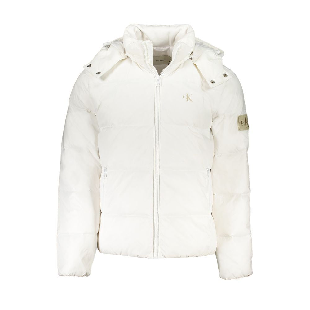 White Polyamide Men JacketExperience luxury with a sustainable edge in this Calvin Klein jacket, where fashion meets functionality without compromise. Make a statement in this sleek white piece, featuring a removable hood for versatility and a range of po
